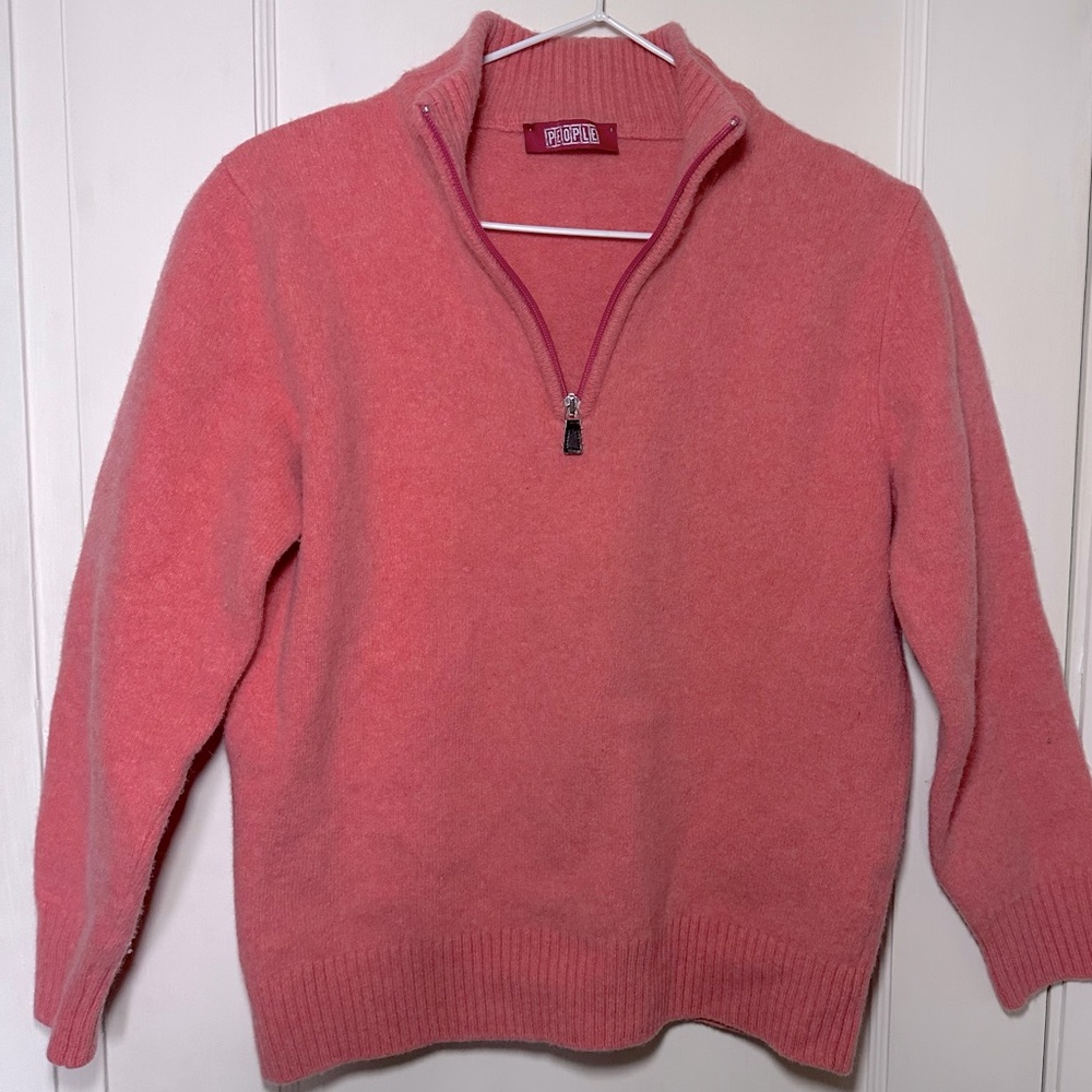 People 1/4 Zip Pure New Wool Coral Sweater, Small